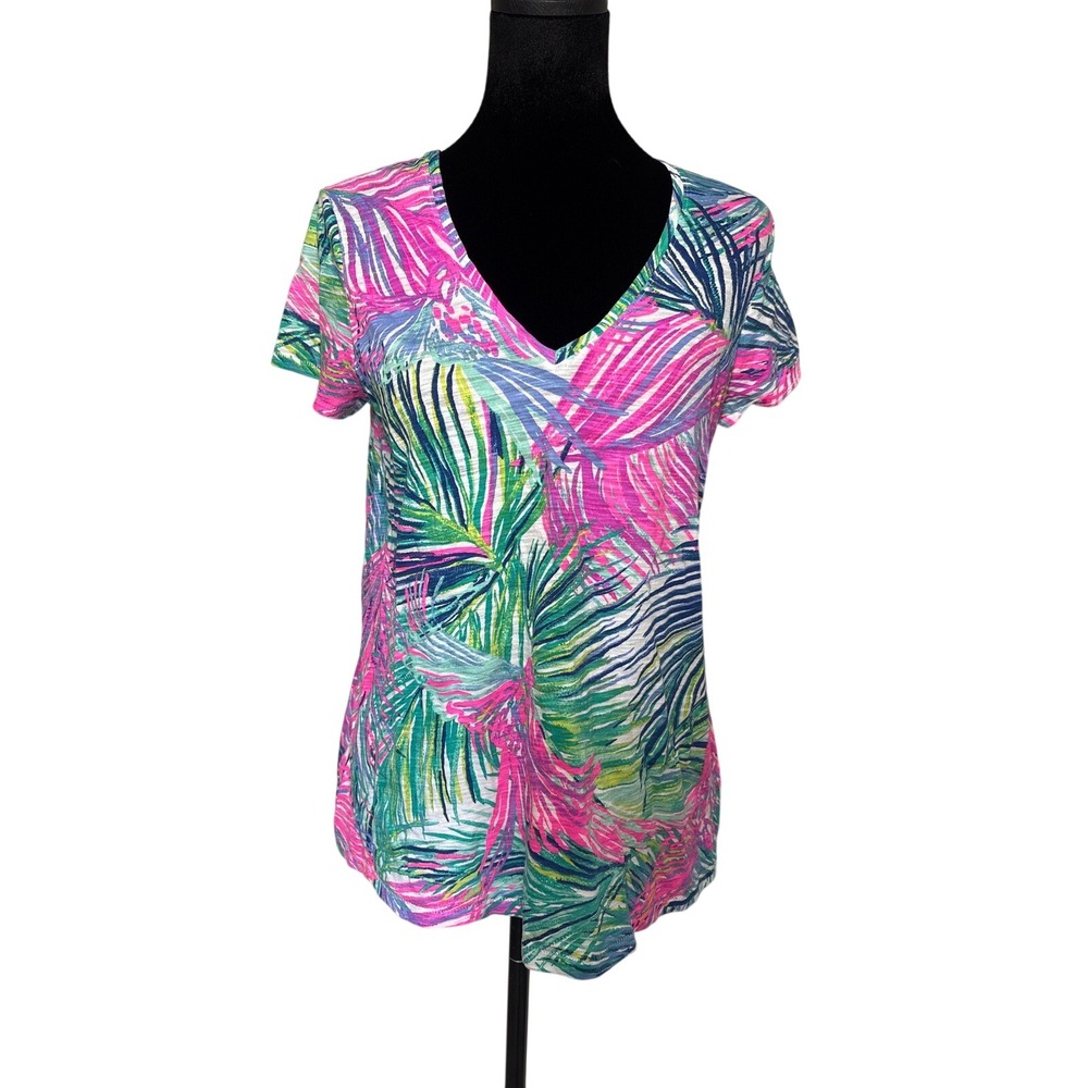 Lilly Pulitzer Etta V-Neck T-Shirt Small Pink Green Tropical Palm‎ Slub Cotton